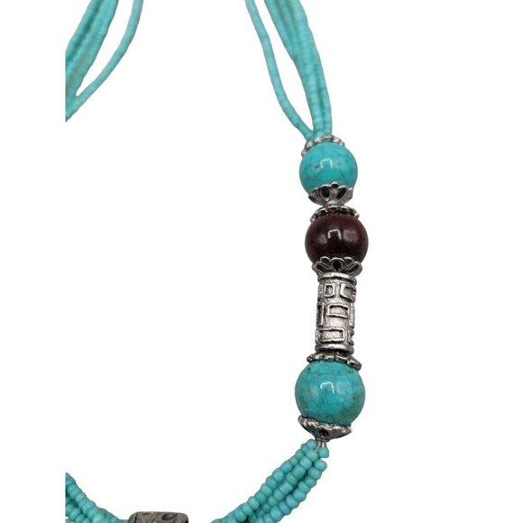 Faux Turquoise Large Pendant Necklace Runway Style Silver Tone 21" Beaded Chain - Picture 9 of 16